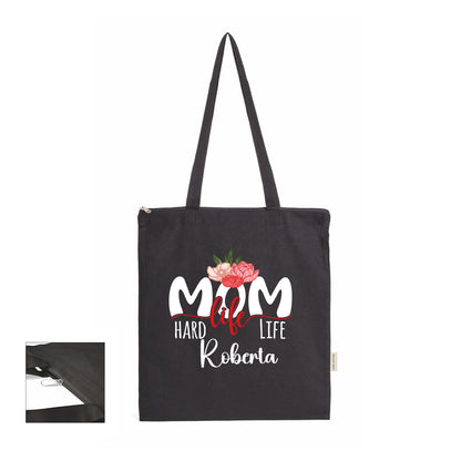 Mom life - Shopper In Cotone con chiusura zip - personalizzata con nome