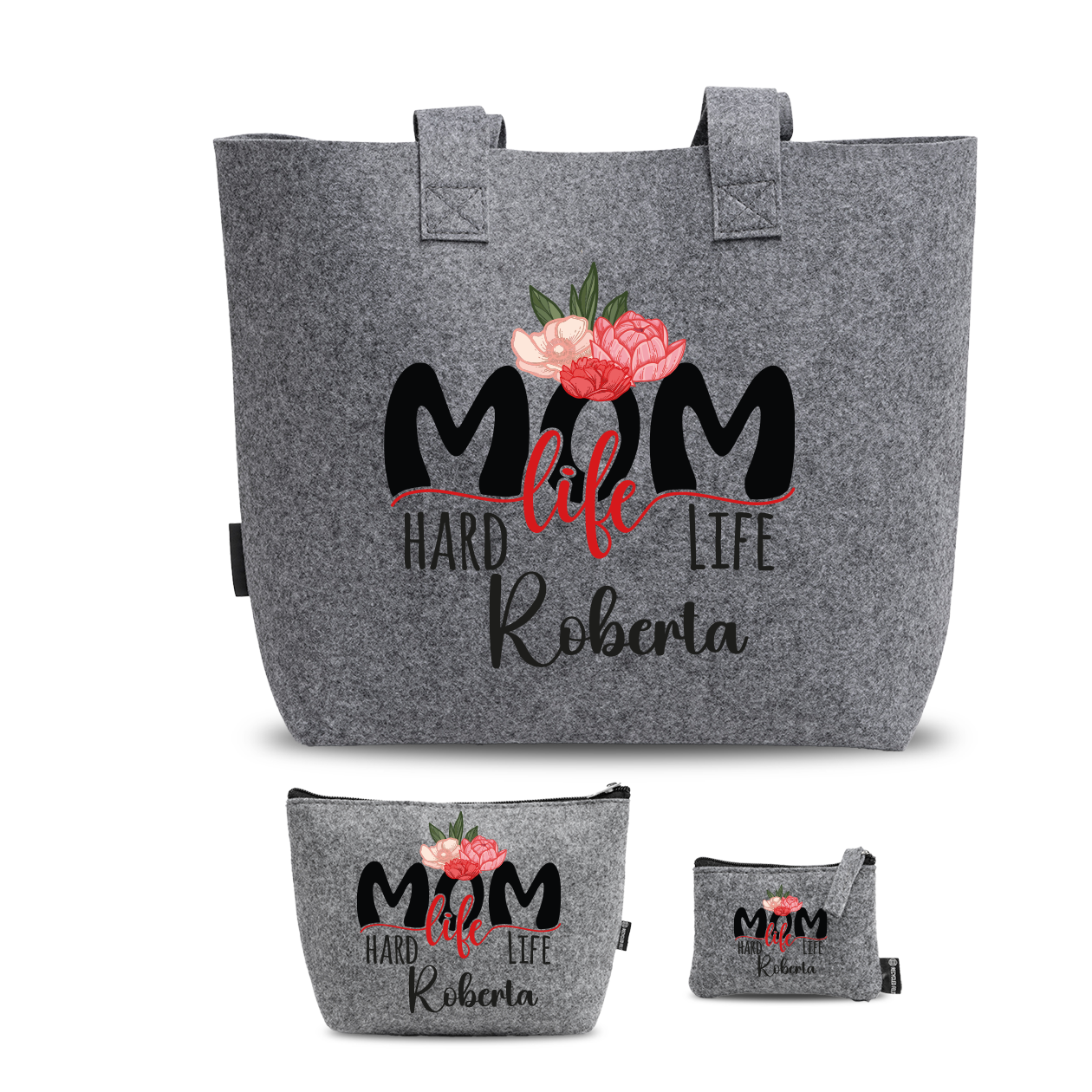 Mom life - Tris Borse in feltro con designe melange - personalizzato con nome