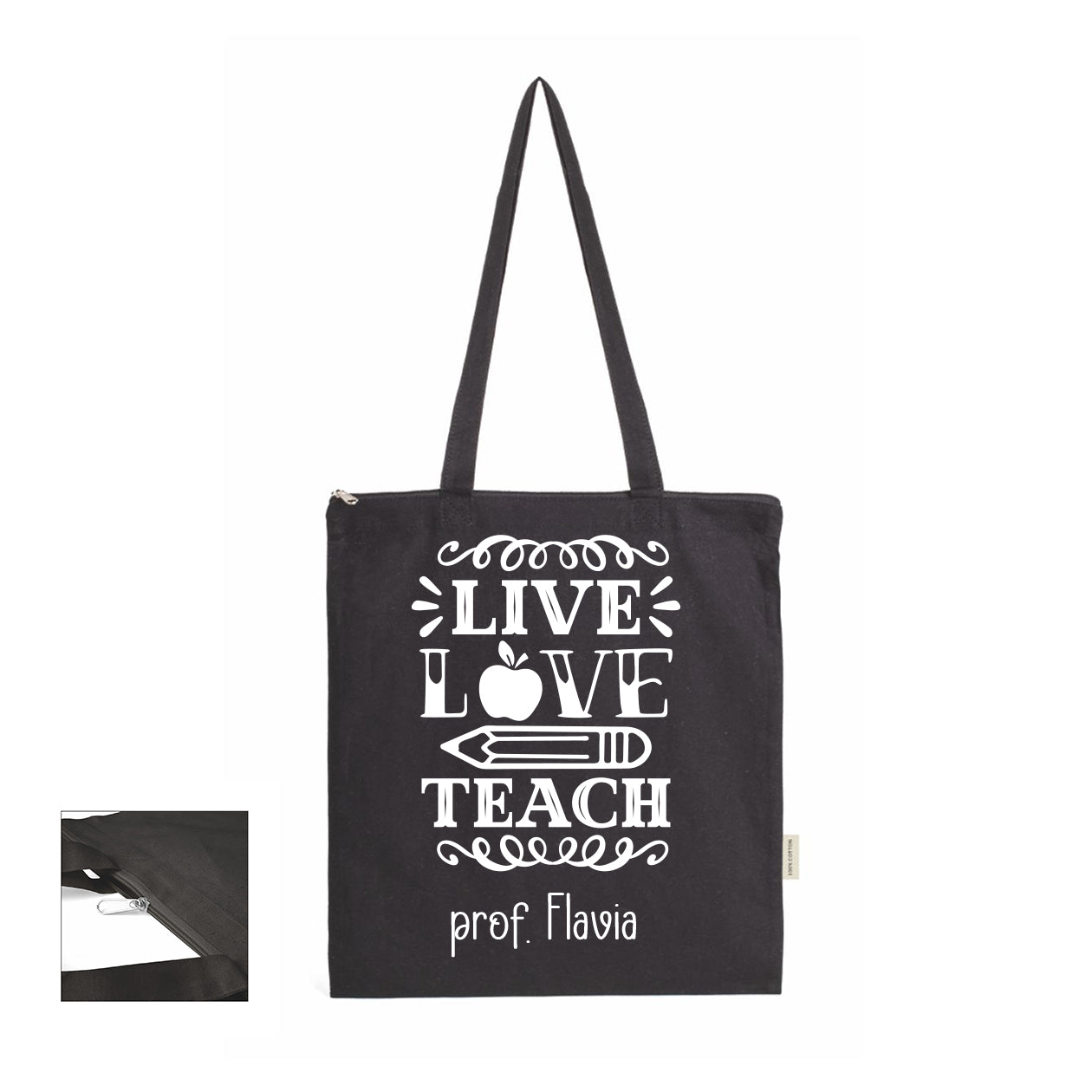 Live, love, teach - Shopper In Cotone con chiusura zip - personalizzata con nome