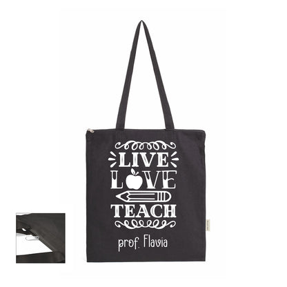 Live, love, teach - Shopper In Cotone con chiusura zip - personalizzata con nome