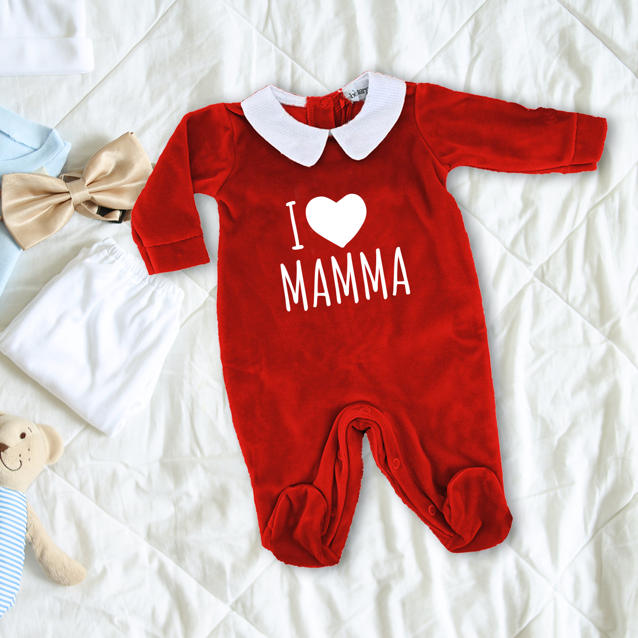 I love Mamma - Pagliaccetto Neonato in Ciniglia con Colletto Bianco