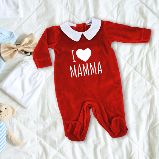 I love Mamma - Pagliaccetto Neonato in Ciniglia con Colletto Bianco
