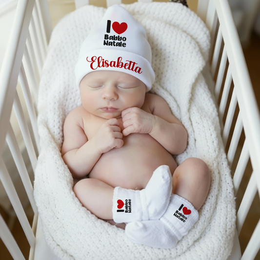 Amo Babbo Natale - Set Nascita Cappellino + Calzini - personalizzato con nome