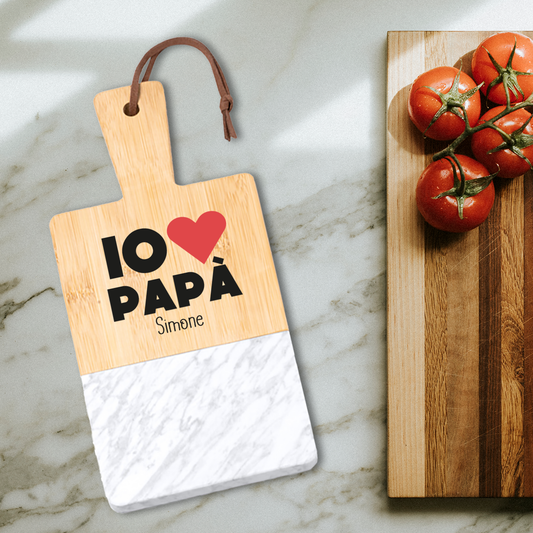 Io amo papà - Tagliere in marmo e bamboo naturale - personalizzato con nome
