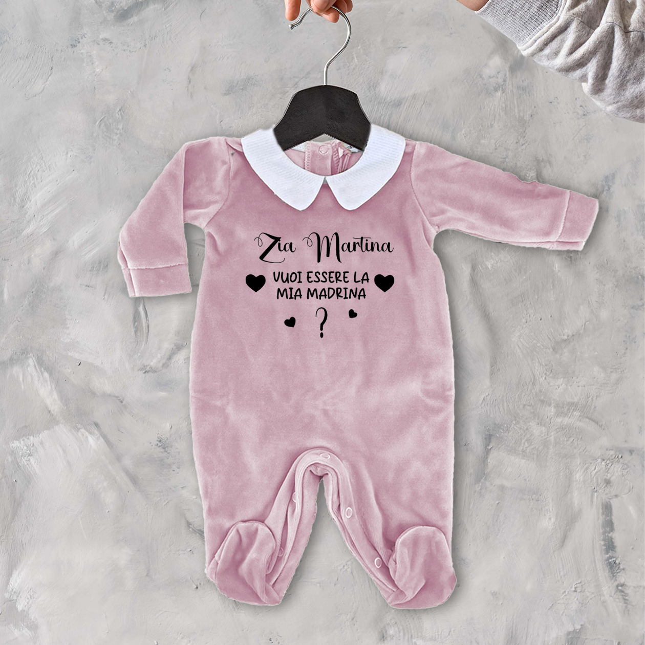 Zia vuoi essere la mia madrina - Pagliaccetto Neonato in Ciniglia con Colletto Bianco personalizzato con nome