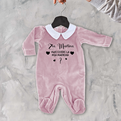 Zia vuoi essere la mia madrina - Pagliaccetto Neonato in Ciniglia con Colletto Bianco personalizzato con nome