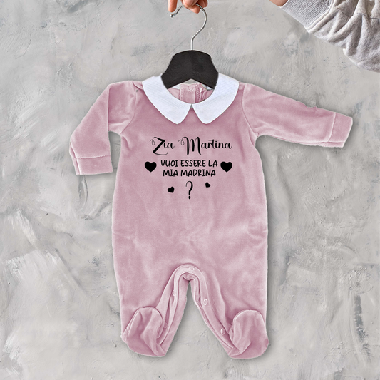 Zia vuoi essere la mia madrina - Pagliaccetto Neonato in Ciniglia con Colletto Bianco personalizzato con nome