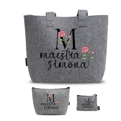 Maestra name pink flower - Tris Borse in feltro con designe melange - personalizzati con nome