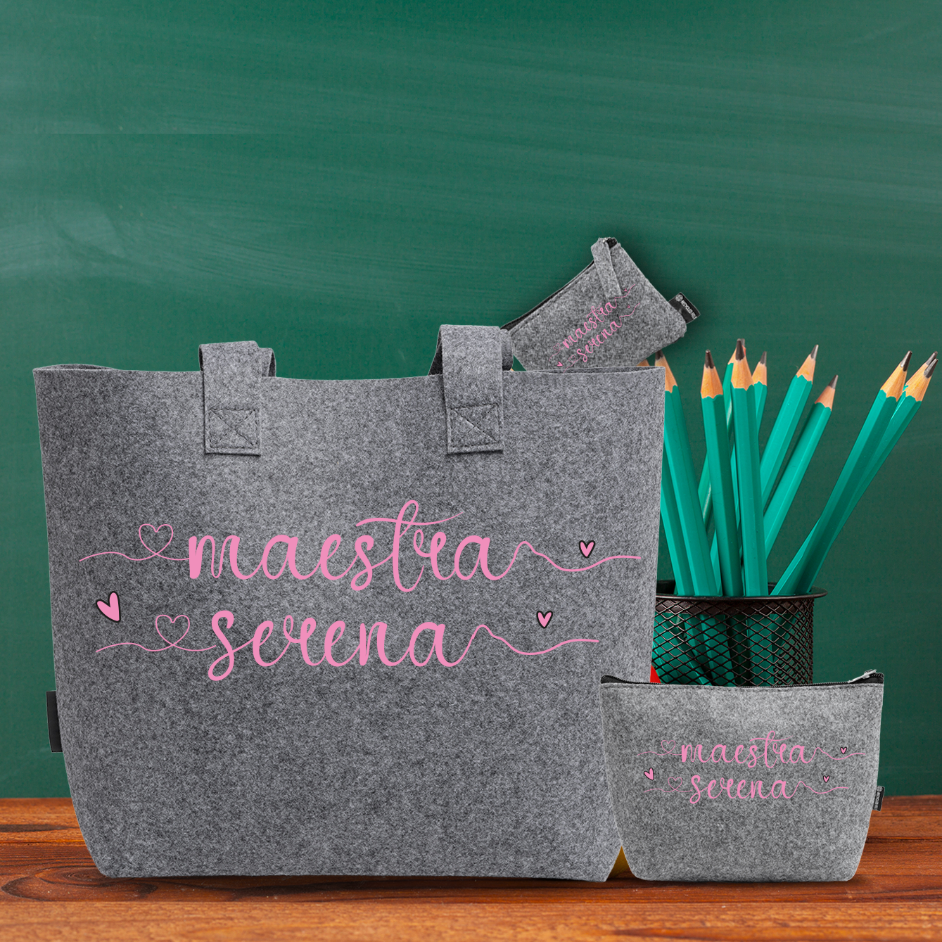 Maestra name linee pink - Tris Borse in feltro con designe melange - personalizzati con nome