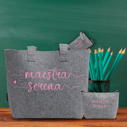 Maestra name linee pink - Tris Borse in feltro con designe melange - personalizzati con nome
