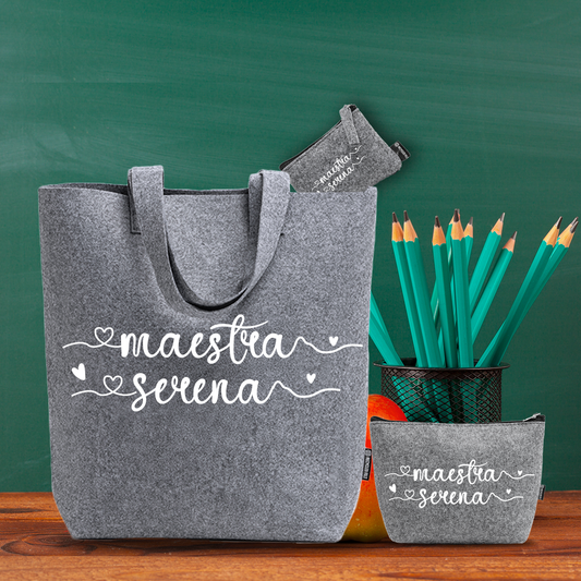 Name Maestra - Tris Borse in feltro con designe melange - personalizzato con nome