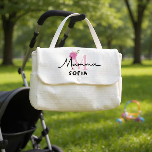 Mamma flower pink name - Borsa Fasciatoio per Neonato - personalizzata con nome