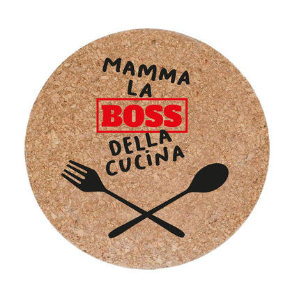 Mamma la boss della cucina - Set da 3 pezzi Sottopentola in sughero naturale 19cm