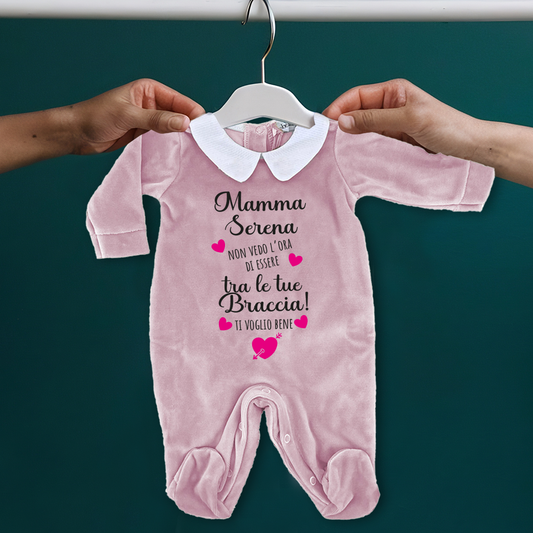 Ti voglio bene mamma - Pagliaccetto Neonato in Ciniglia con Colletto Bianco personalizzato con nome