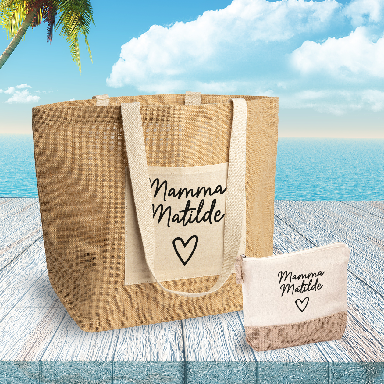 Mamma name heart - Set Combo Borsa mare e Pochette in Juta laminata - personalizzato con nome