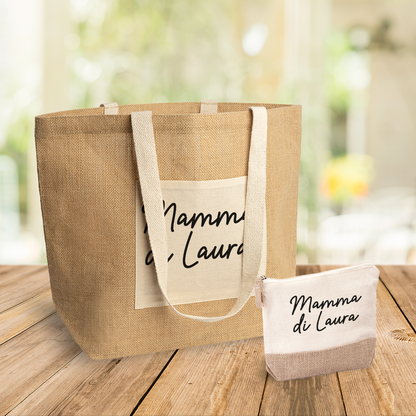 Mamma di - Set Combo Borsa mare e Pochette in Juta laminata - personalizzato con nome
