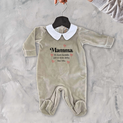 Mamma - Pagliaccetto Neonato in Ciniglia con Colletto Bianco