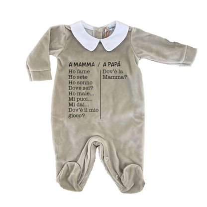 A Mamma/ A Papà - Pagliaccetto Neonato in Ciniglia con Colletto Bianco