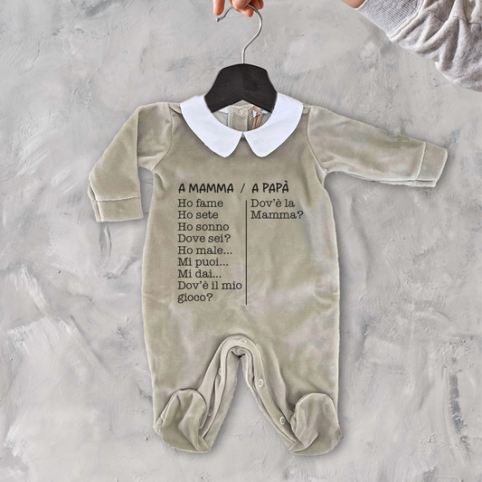 A Mamma/ A Papà - Pagliaccetto Neonato in Ciniglia con Colletto Bianco