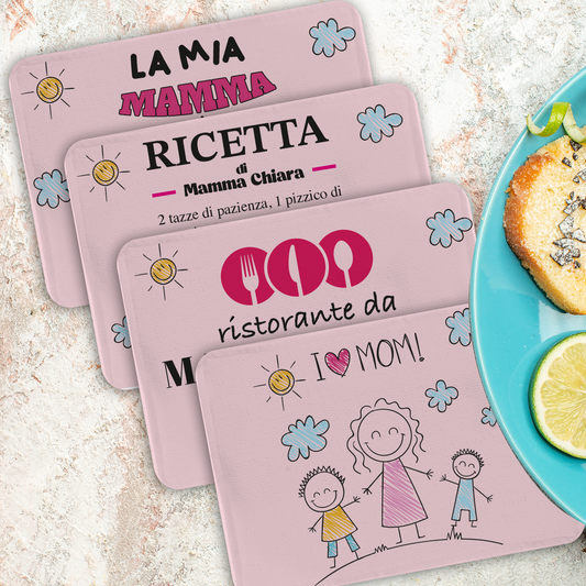 I Love mom - Set di 4 Tovagliette in tessuto lavabile - personalizzata con nome