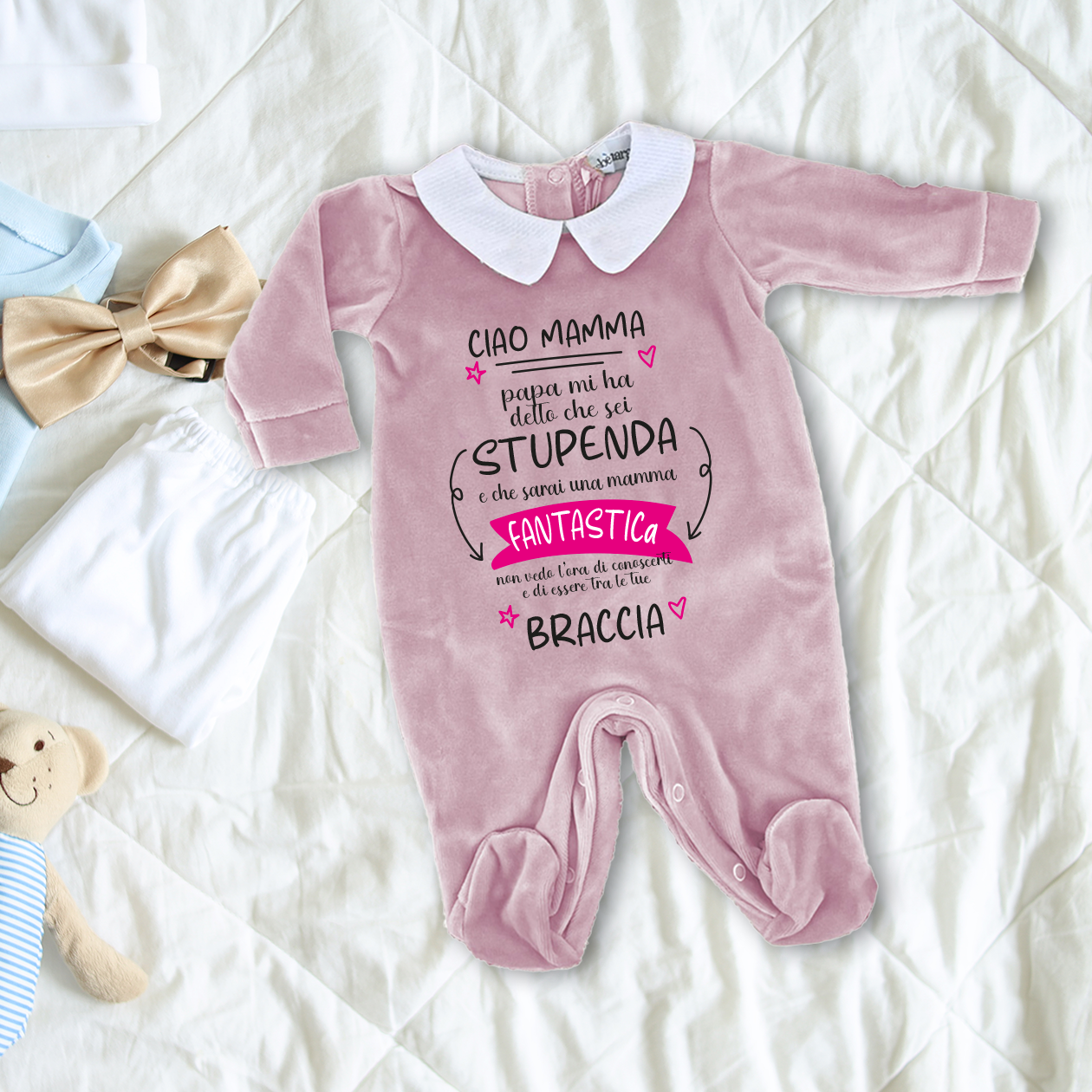 Ciao Mamma - Pagliaccetto Neonato in Ciniglia con Colletto Bianco