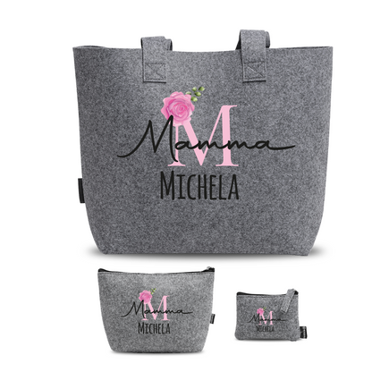 Mamma pink flower name - Tris Borse in feltro con designe melange - personalizzato con nome