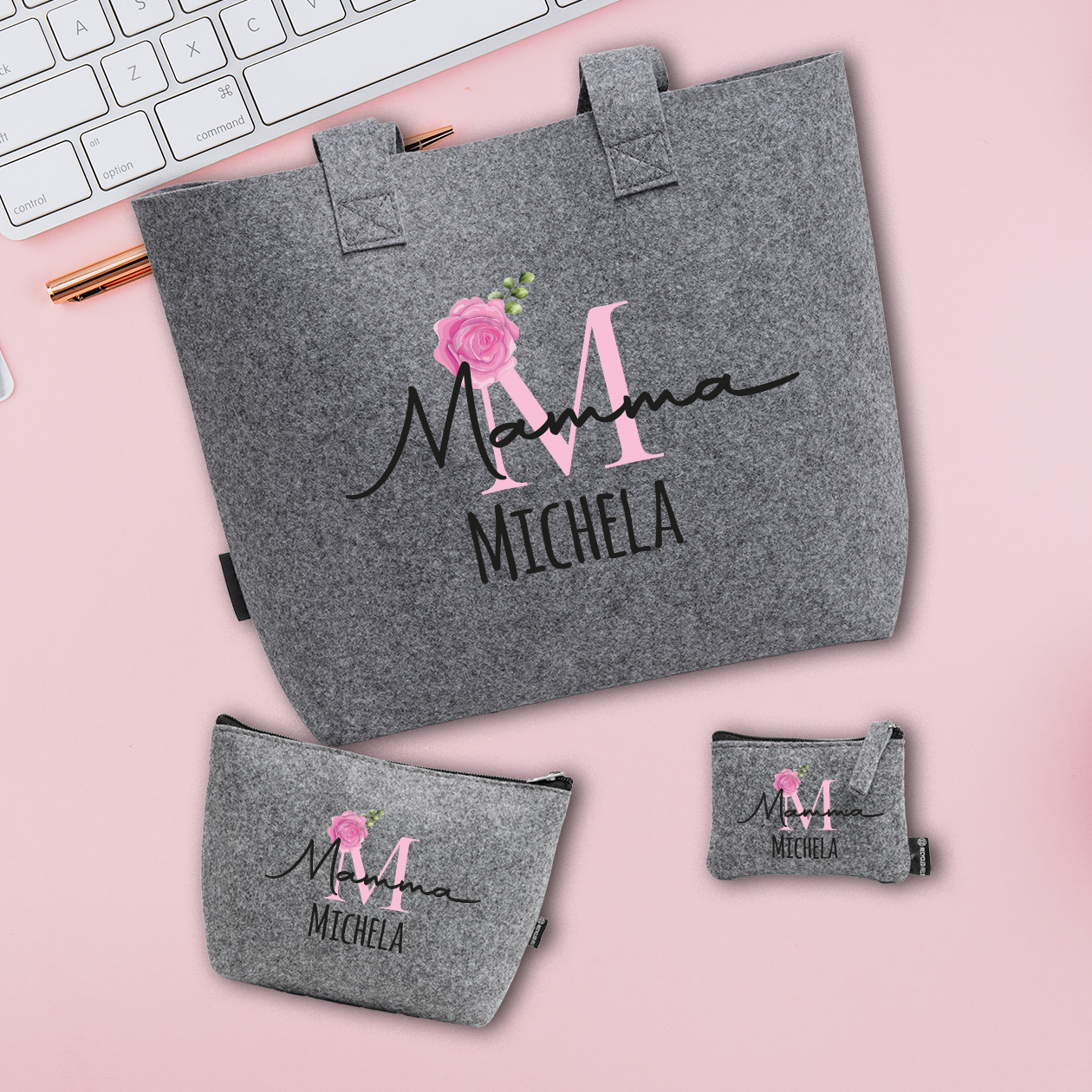 Mamma pink flower name - Tris Borse in feltro con designe melange - personalizzato con nome