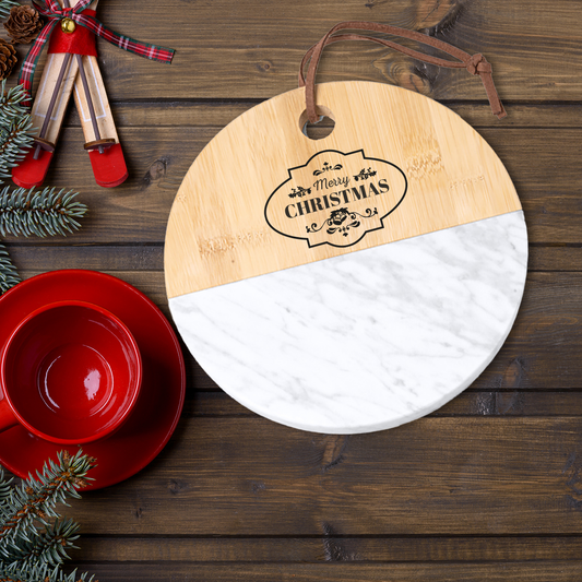 Merry Christmas - Tagliere in marmo e bamboo naturale
