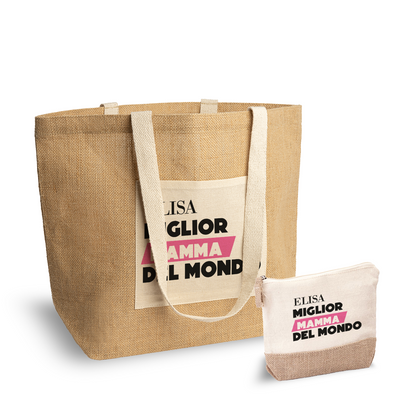 Miglior mamma del mondo - Set Combo Borsa mare e Pochette in Juta laminata - personalizzato con nome