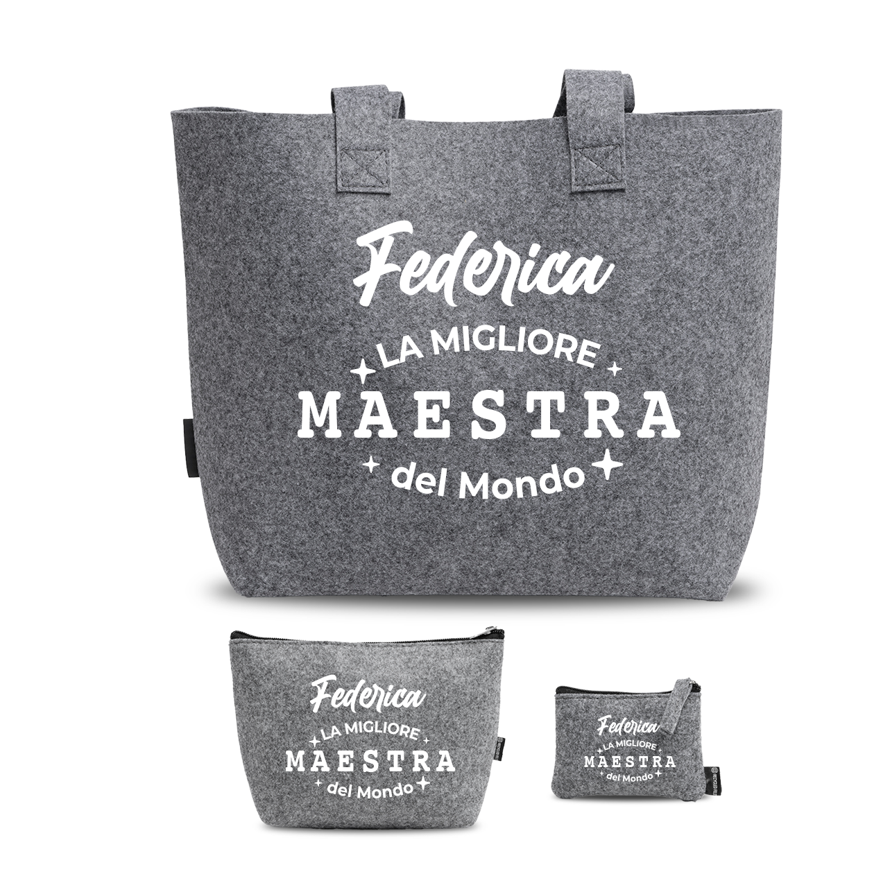 La migliore maestra del mondo - Tris Borse in feltro con designe melange - personalizzato con nome