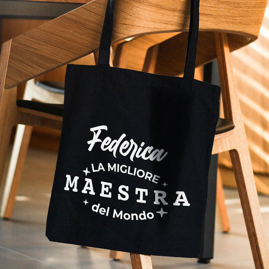 La migliore maestra del mondo - Shopper In Cotone con chiusura zip - personalizzata con nome