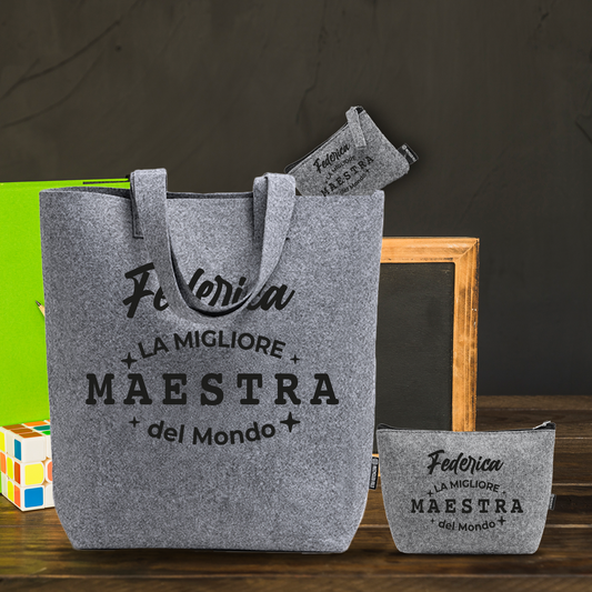 La migliore maestra del mondo - Tris Borse in feltro con designe melange - personalizzato con nome