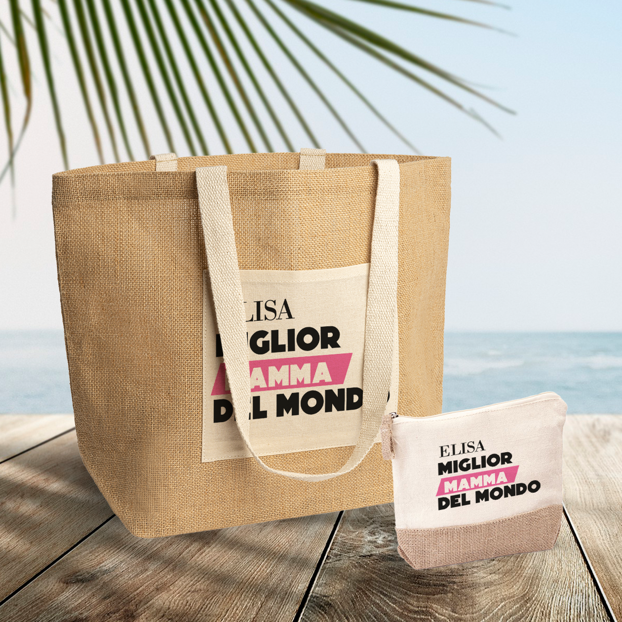 Miglior mamma del mondo - Set Combo Borsa mare e Pochette in Juta laminata - personalizzato con nome