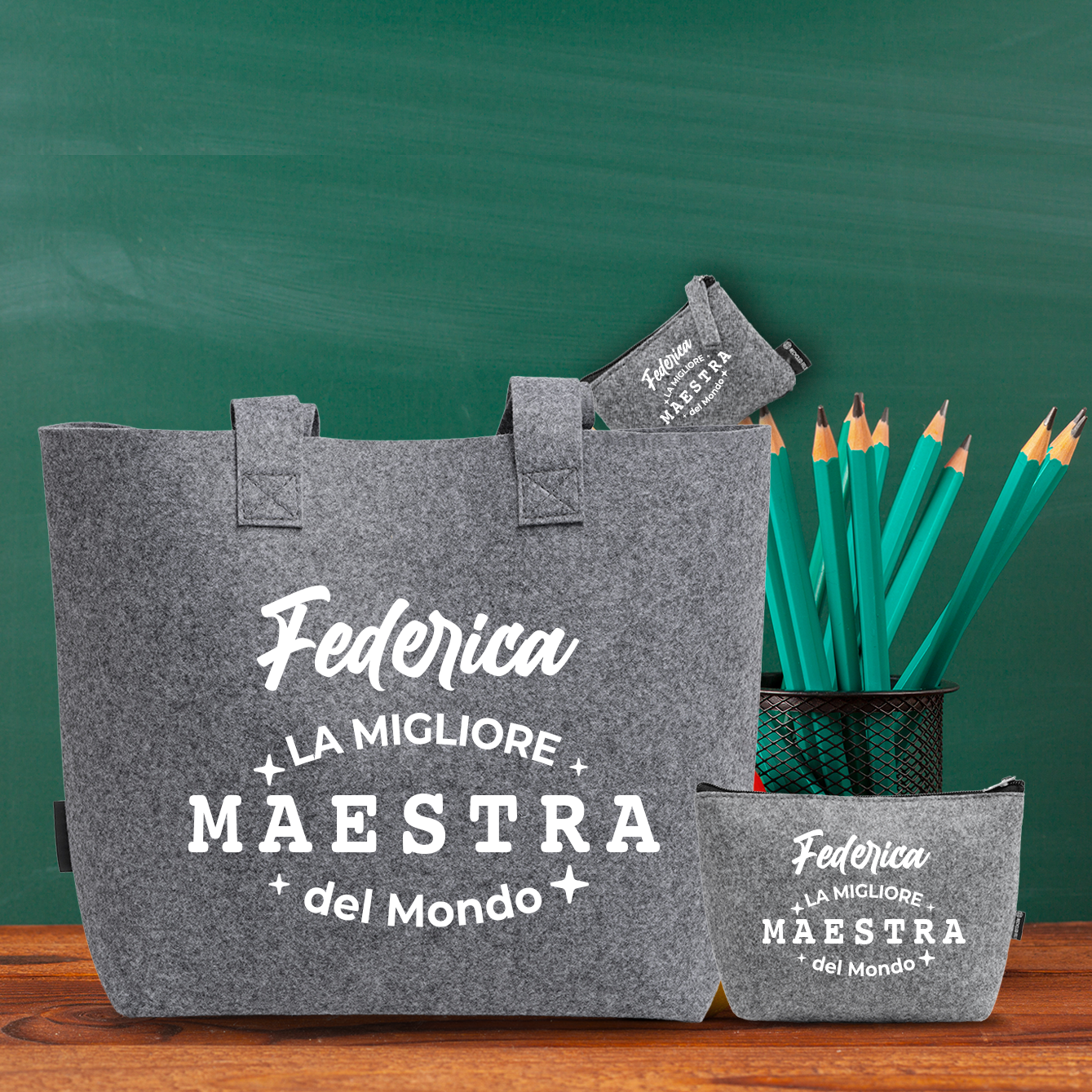 La migliore maestra del mondo - Tris Borse in feltro con designe melange - personalizzato con nome