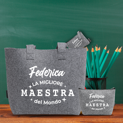 La migliore maestra del mondo - Tris Borse in feltro con designe melange - personalizzato con nome