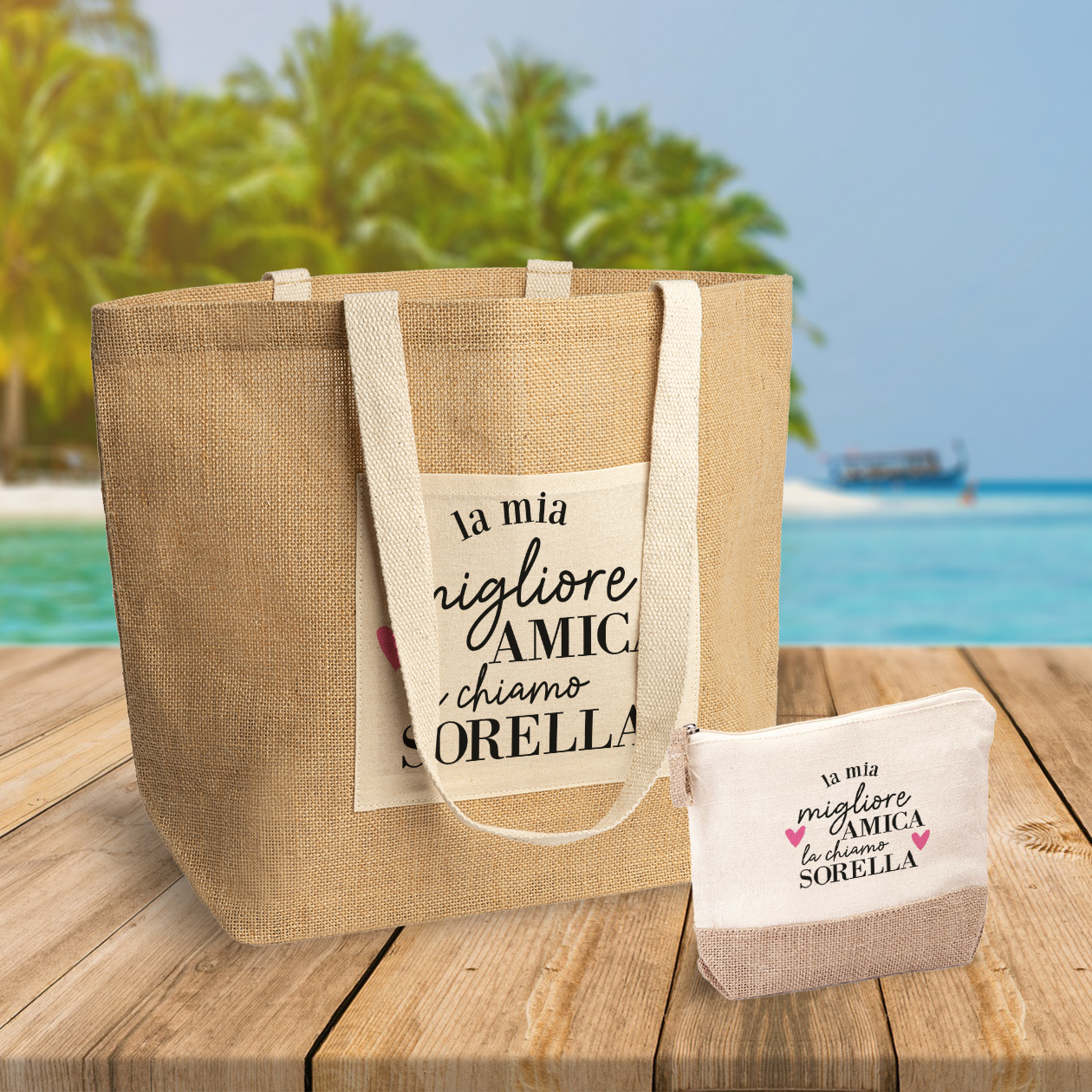 La mia migliore amica la chiamo sorella - Set Combo Borsa mare e Pochette in Juta laminata