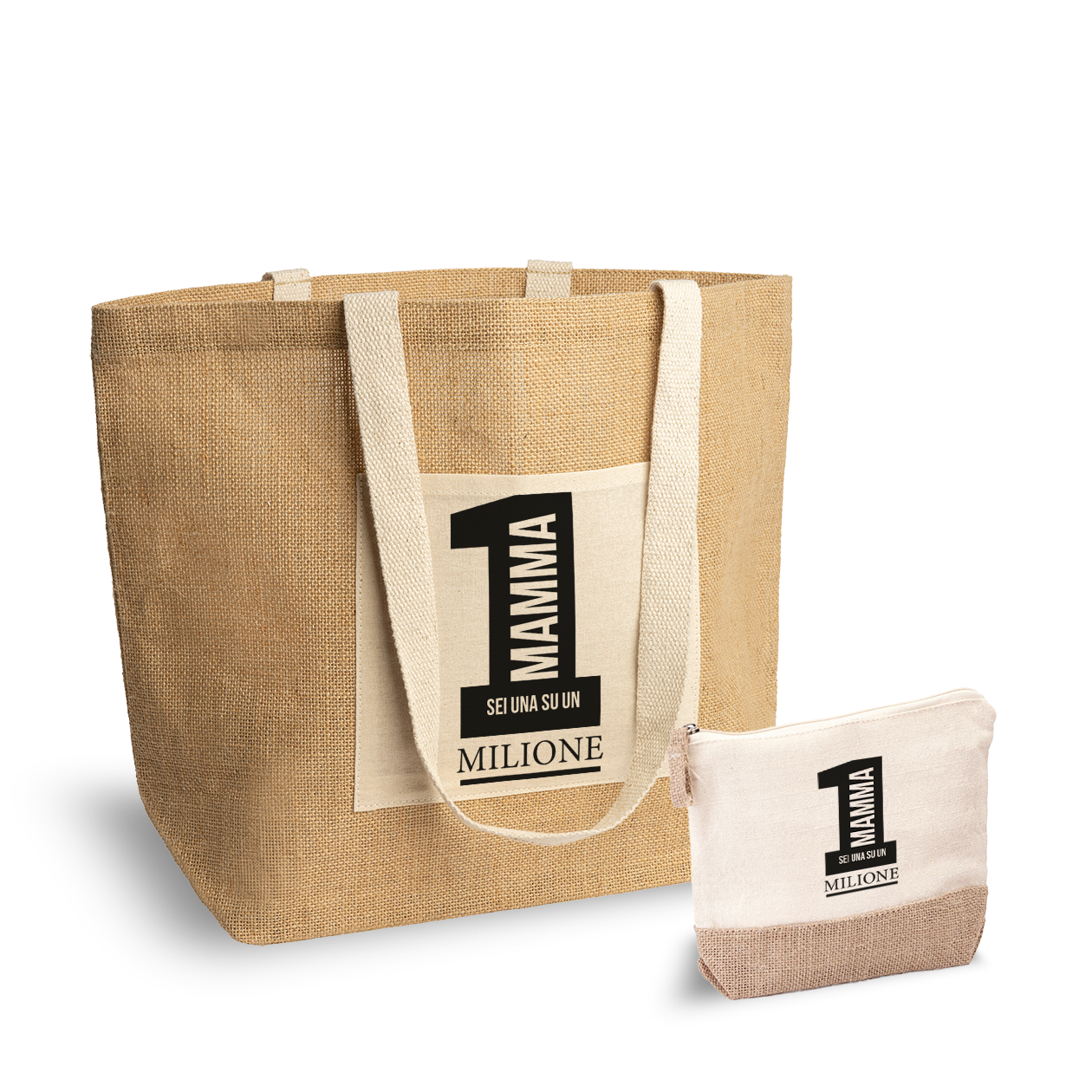 Mamma sei una su un milione - Set Combo Borsa mare e Pochette in Juta laminata