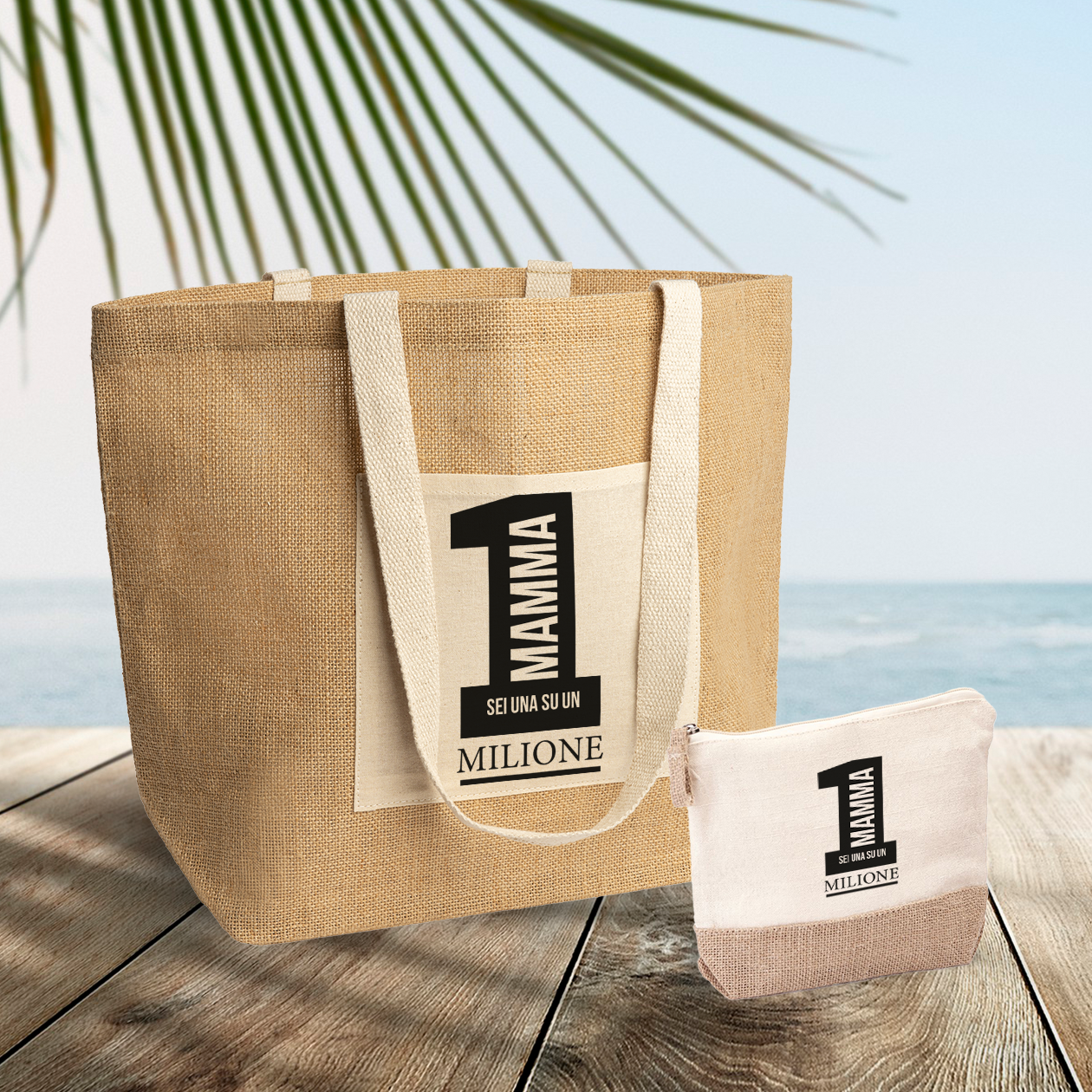 Mamma sei una su un milione - Set Combo Borsa mare e Pochette in Juta laminata