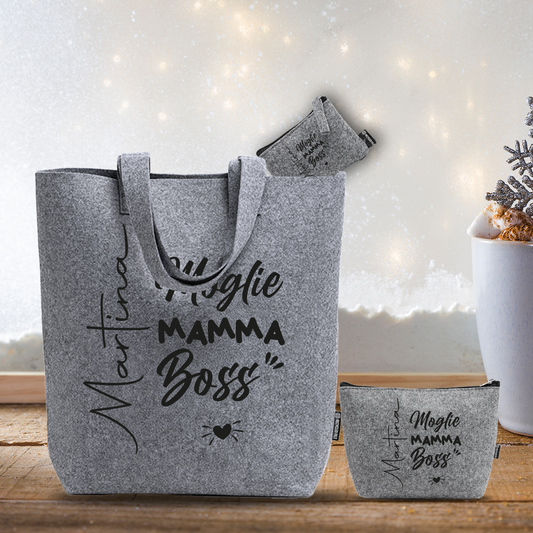 Moglie, Mamma, Boss - Tris Borse in feltro con designe melange - personalizzato con nome