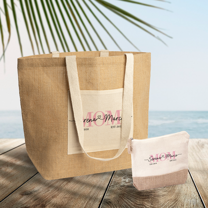 Mom names - Set Combo Borsa mare e Pochette in Juta laminata - personalizzata