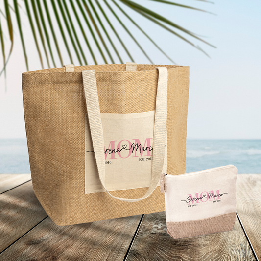 Mom names - Set Combo Borsa mare e Pochette in Juta laminata - personalizzata