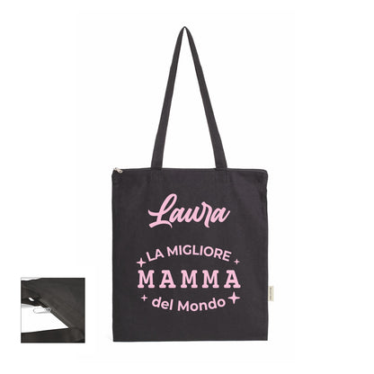 La migliore mamma al mondo - Shopper In Cotone con chiusura zip - personalizzata con nome
