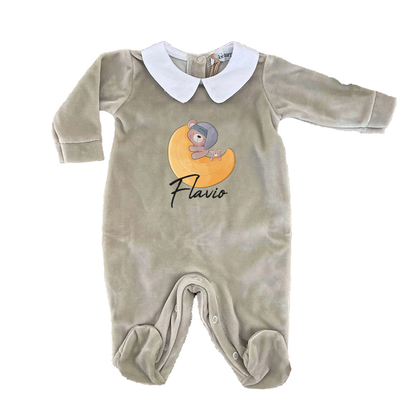 Baby Moon - Pagliaccetto Neonato in Ciniglia con Colletto Bianco Personalizzato con nome