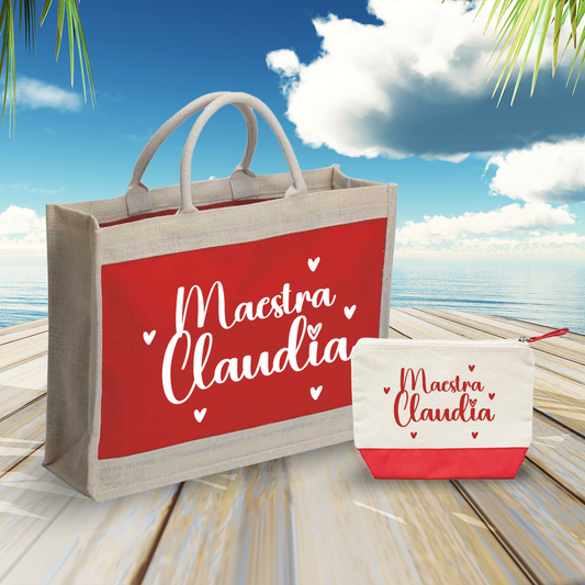Maestra cuoricini - Combo: Borsa mare + Pochette - personalizzata con nome