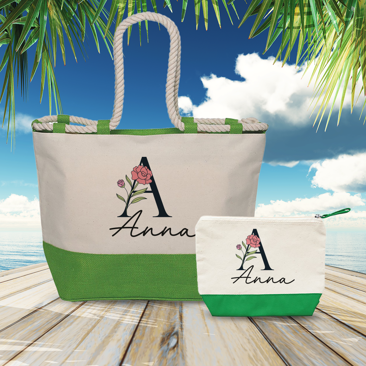 Iniziale e Elegant name - Combo: Borsa mare + Pochette - personalizzata con nome e iniziale