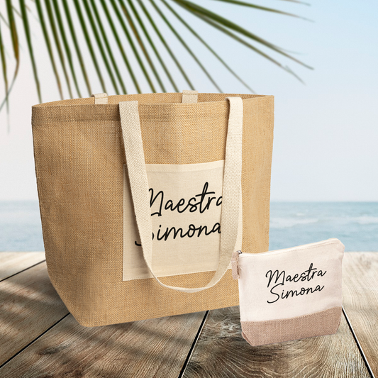 Maestra Style name - Set Combo Borsa mare e Pochette in Juta laminata - personalizzata con nome