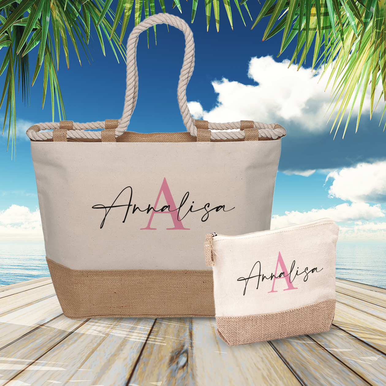 Iniziale Pink - Combo: Borsa mare + Pochette - personalizzata con nome e iniziale