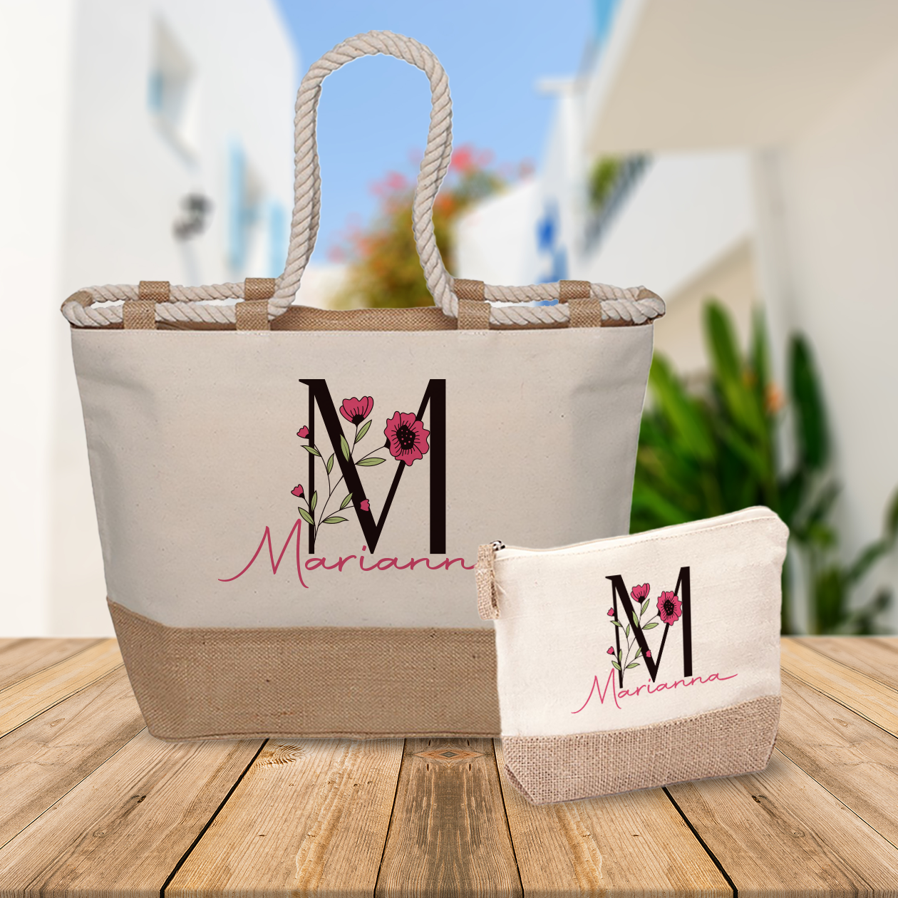 Name and Rose - Combo: Borsa mare + Pochette - personalizzata con nome e iniziale