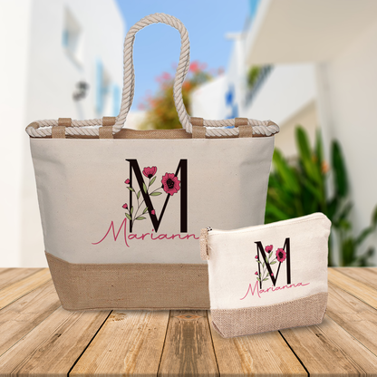 Name and Rose - Combo: Borsa mare + Pochette - personalizzata con nome e iniziale
