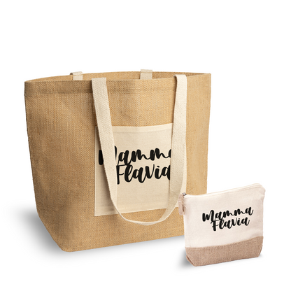 Mamma name - Set Combo Borsa mare e Pochette in Juta laminata - personalizzata con nome